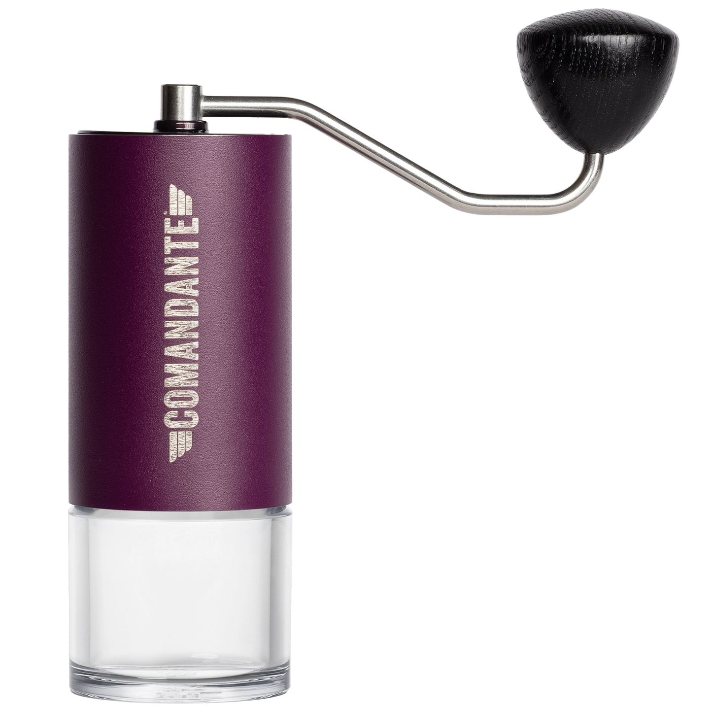 A manual coffee grinder with a metallic purple body, a clear glass lower chamber, a silver metal hand crank, and a black wooden handle knob. The brand name 'COMANDANTE' is printed vertically in white on the purple section.