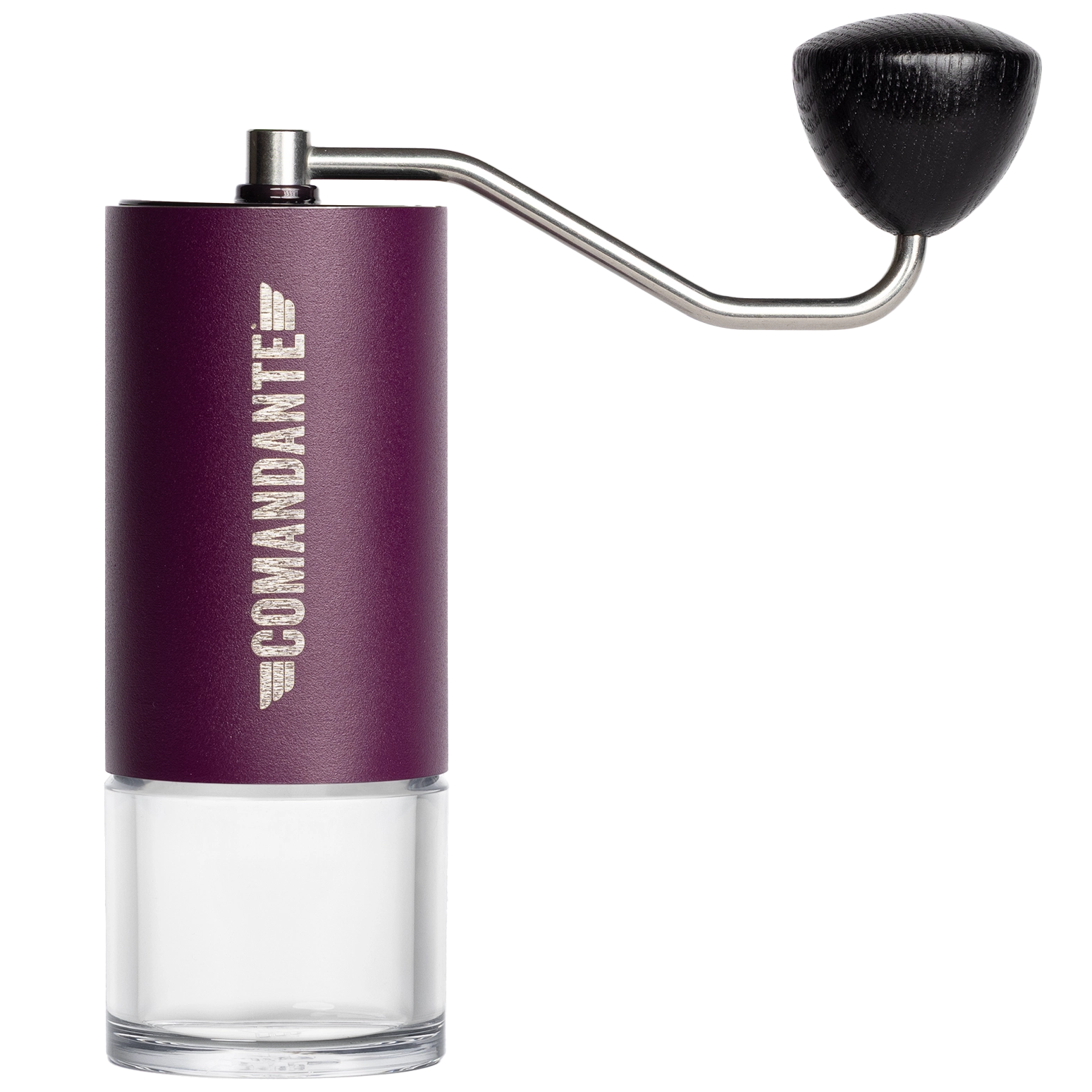 A manual coffee grinder with a metallic purple body, a clear glass lower chamber, a silver metal hand crank, and a black wooden handle knob. The brand name 'COMANDANTE' is printed vertically in white on the purple section.