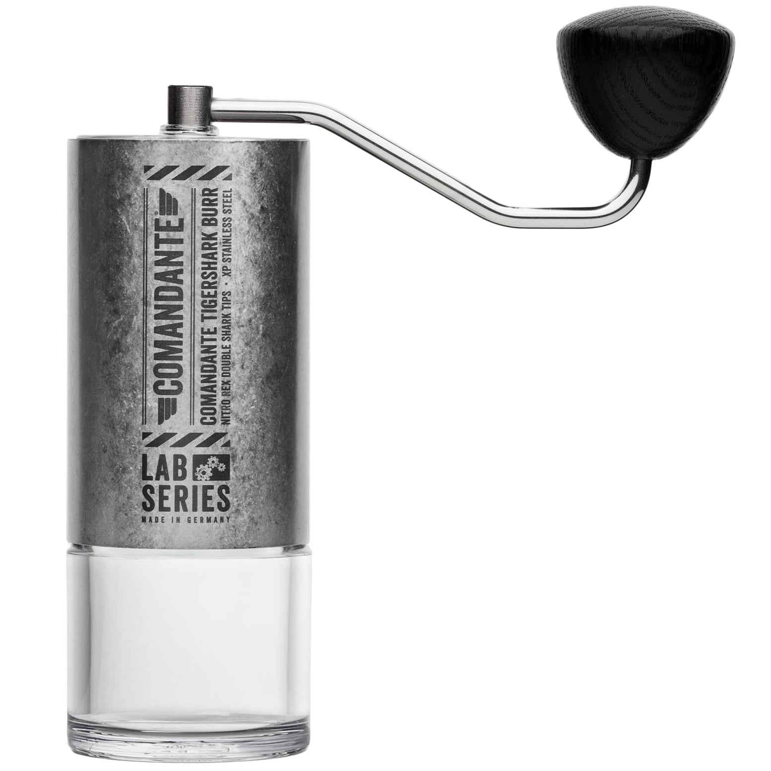Manual coffee grinder with 'Comandante' branding on a white background