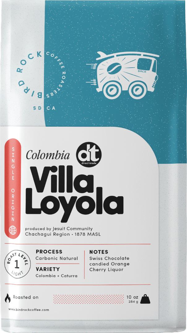 Coffee package with 'Villa Loyola' branding and a van icon on a teal and white background.