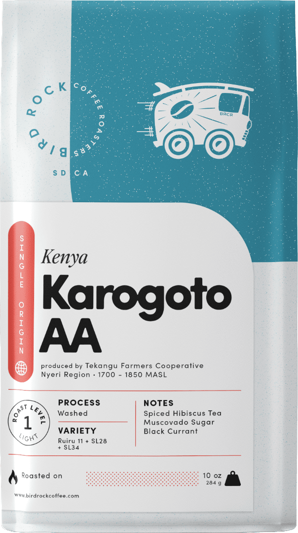 Birro Rock Coffee package with Kenya Karogoto AA label on a white background
