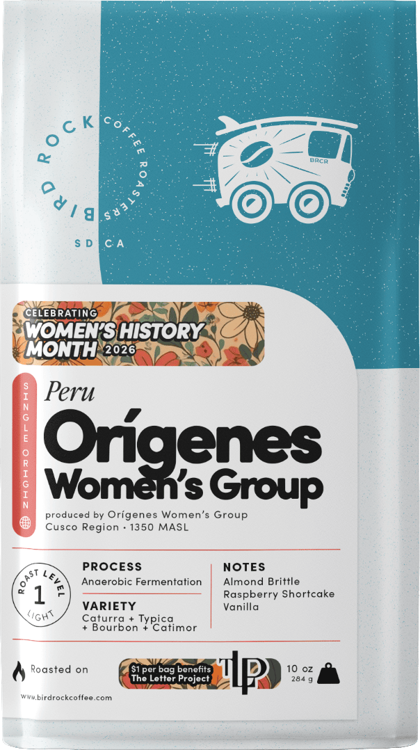 Birro Rock coffee package celebrating Women's History Month with a van illustration and product details.