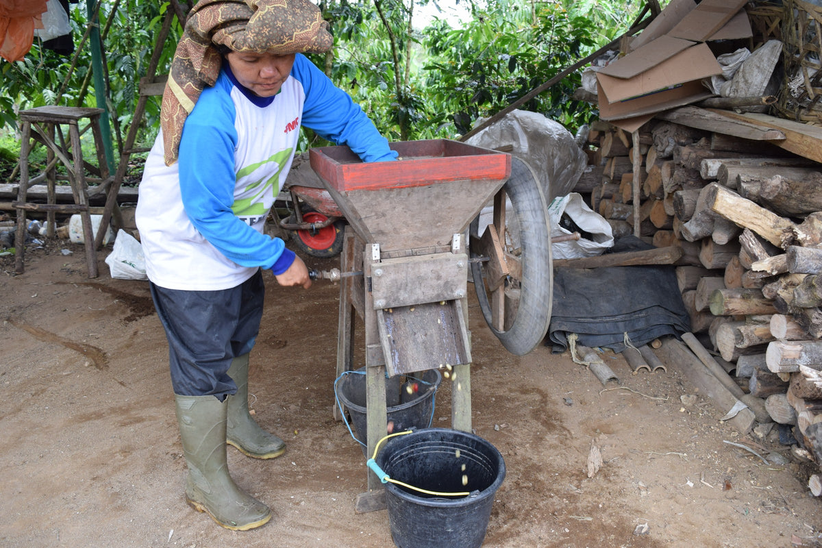 A woman in a traditional head wrap and rubber boots works a small hand-cranked pulping machine under a shelter