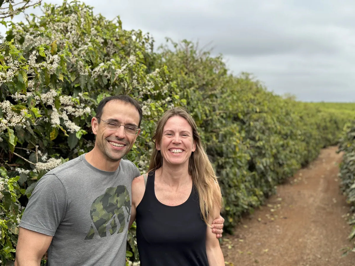 Paulo and Juliana Piancastelli, owners of Fazenda Terra Alta, between flowering coffee rows